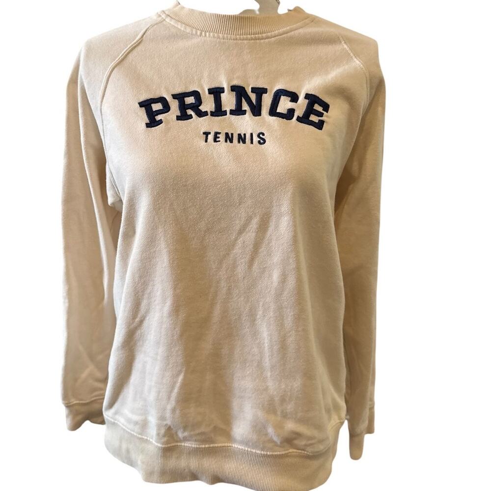 Prince Tennis Embroidered Preppy Sweatshirt Cream Navy Blue S